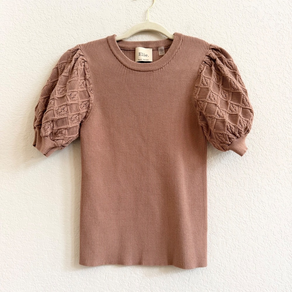 Elie Elie Tahari Carmel Brown Pink Ribbed Knit Puff Sleeve Sweater Top Large